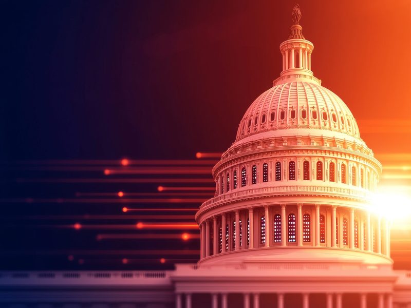 This abstract image showcases the iconic dome of the United States Capitol Building, illuminated in warm red and orange tones, with a subtle overlay of data lines and financial charts. The image evokes a sense of power, leadership, and a dynamic connection between governance, technology, and economic growth. Perfect for presentations, reports, and visual content related to government, politics, finance, business, and technological advancements.