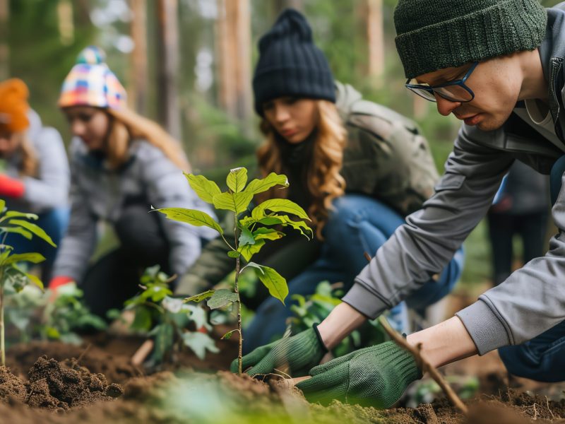 Group of volunteers wearing beanies planting trees in a forest, focusing on teamwork and environmental conservation.